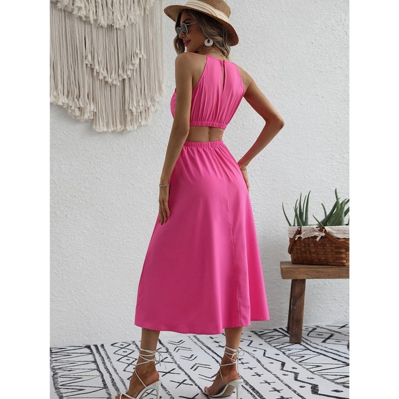 Halter Neck Cut Out Back backless midi Dress boho hot pink - Picture 2 of 7